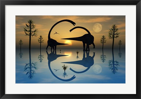 Framed Omeisaurus Dinosaurs in Courtship Rituals Print