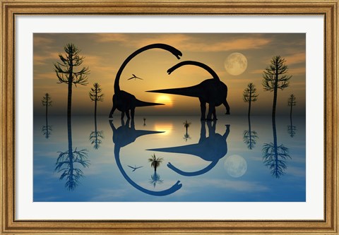Framed Omeisaurus Dinosaurs in Courtship Rituals Print