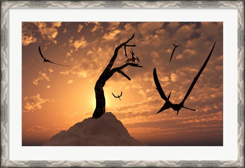 Framed Pteranodons Flying on a Cretaceous Night Print