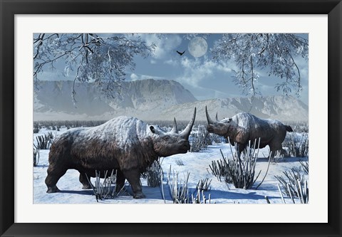 Framed Woolly Rhinoceros in Winter Print