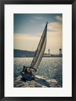 Framed Spain, Barcelona Sailboat on the Balearic Sea just off the Coast Print