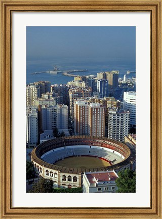 Framed View of Plaza de Toros and Cruise Ship in Harbor, Malaga, Spain Print