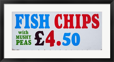 Framed Fish and Chips with Mushy Peas sign, England, United Kingdom Print