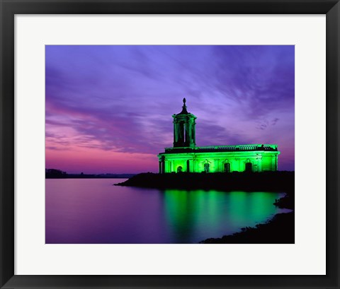 Framed Church at Rutland Water at Sunset, Leicestershire, England Print
