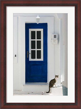 Framed Village Door with Cat, Kokkari, Samos, Aegean Islands, Greece Print