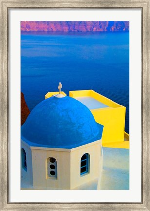 Framed Beautiful Church with Blue Roof, Oia, Santorini, Greece Print