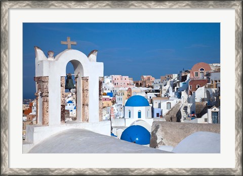 Framed Bell tower and blue domes of church in village of Oia, Santorini, Greece Print