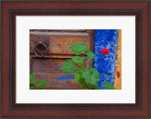 Framed Geraniums and old door in Chania, Crete, Greece Print