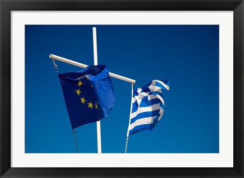 Framed Greece, Mykonos, Hora harbor, Union and Greek Flags Print