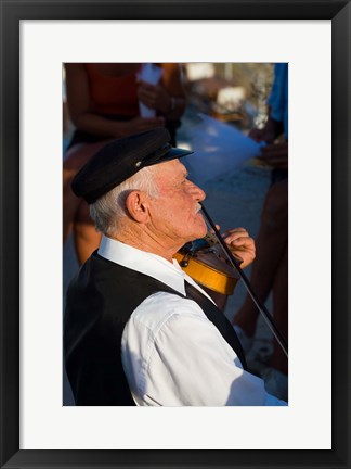 Framed Older Gentleman Playing The Violin, Imerovigli, Santorini, Greece Print