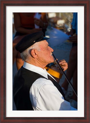 Framed Older Gentleman Playing The Violin, Imerovigli, Santorini, Greece Print