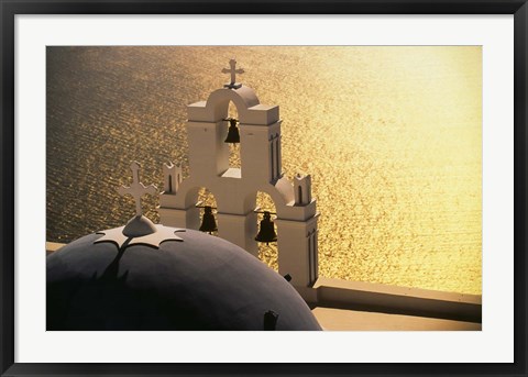 Framed Seaside church tower with bell, Santorini, Greece Print