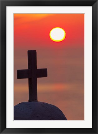 Framed Christian cross, sunset, Mykonos, Greece Print