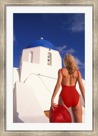 Framed Woman in Swimsuit, Fira, Santorini, Greece Print
