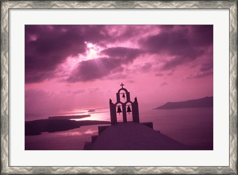 Framed Church Steeple with Evening Rays, Santorini Island, Greece Print