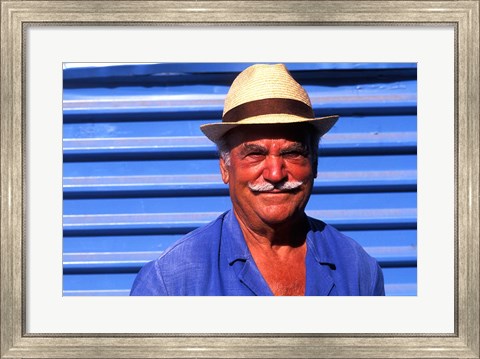 Framed Close Up of Native Man with Blue Wall, Athens, Greece Print