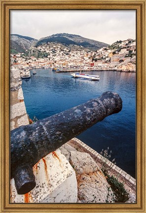 Framed Cannon, hydrofoil boat, harbor, Hydra Island, Greece Print