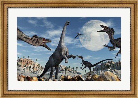 Framed Lone Camarasaurus Dinosaur is Confronted by a Pack of Velociraptors Print