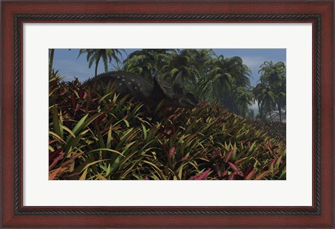 Framed Triceratops Grazing on Lush Foliage Print