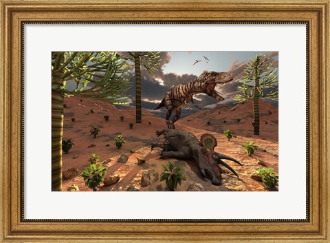 Framed T-Rex comes across the Carcass of a Dead Triceratops Print