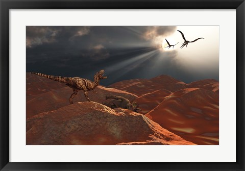 Framed T Rex and Quetzalcoatlus Discover the Carcass of a Triceratops Print