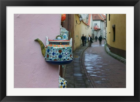 Framed Wall Decorated with Teapot and Cobbled Street in the Old Town, Vilnius, Lithuania II Print