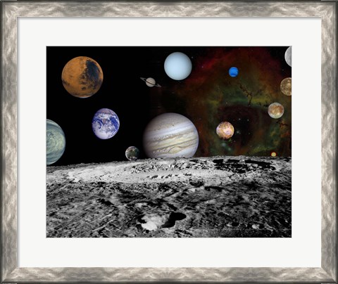 Framed Montage of the planets and Jupiter&#39;s Moons Print