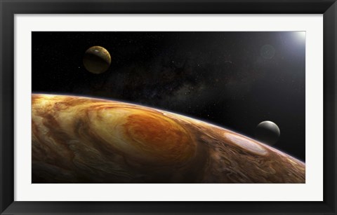 Framed Jupiter&#39;s Moons Lo and Europa hover over the Great Red Spot on Jupiter Print