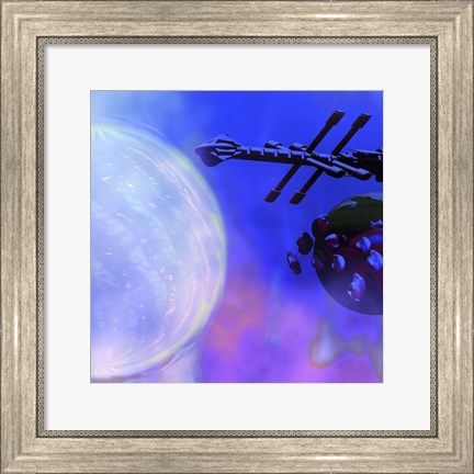 Framed Spaceship Passes a Moon and Orbiting Asteroids Print