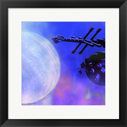 Framed Spaceship Passes a Moon and Orbiting Asteroids Print