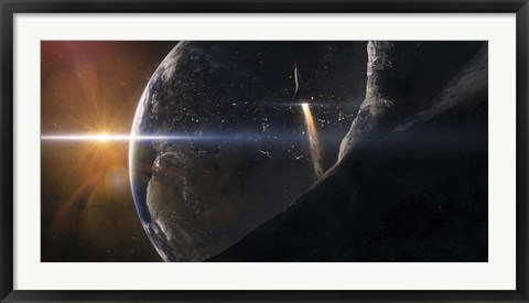 Framed Space Shuttle flying over an Asteroid that is passing close to Earth Print