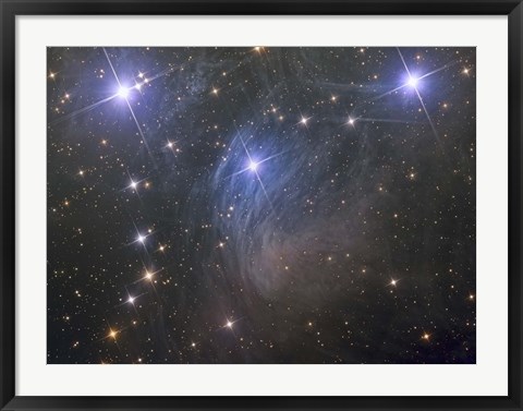 Framed Messier 45, the Pleiades, an open star cluster in the Taurus Constellation Print