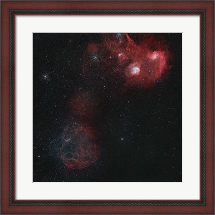 Framed Widefield view of of Simeis 147, the Flaming Star Nebula, and the Tadpole Nebula Print