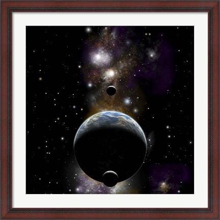 Framed Earth type world with two moons against a background of Nebula and stars Print