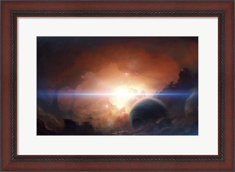 Framed Gas giant partly hidden in a Nebula Print