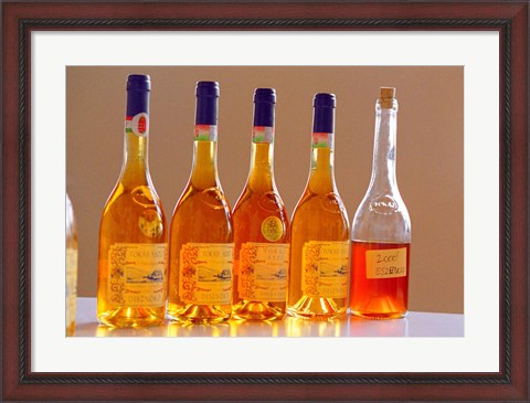 Framed Bottles of Disznoko Winery, Tokaj, Hungary Print