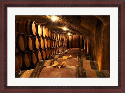 Framed Wooden Barrels with Aging Wine in Cellar Print