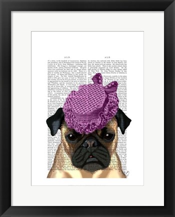 Framed Pug with Vintage Purple Hat Print