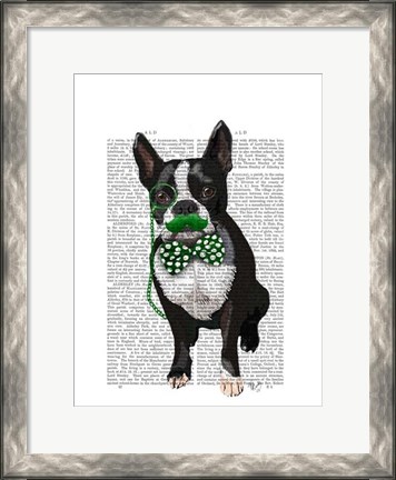 Framed Boston Terrier With Green Moustache And Spotty Green Bow Tie Print