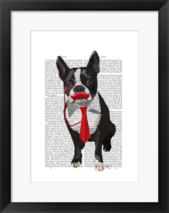 Framed Boston Terrier With Red Tie and Moustache Print
