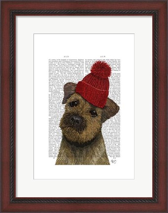 Framed Border Terrier with Red Bobble Hat Print