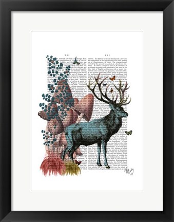 Framed Turquoise Deer in Mushroom Forest Print