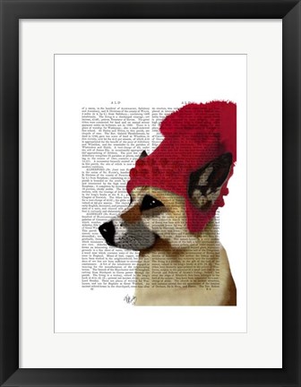 Framed German Shepherd in Red Woolly Hat Print