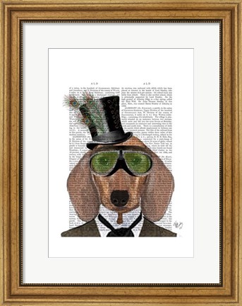 Framed Dachshund Green Goggles Top Hat Print