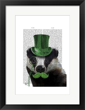 Framed Badger with Green Top Hat and Moustache Print