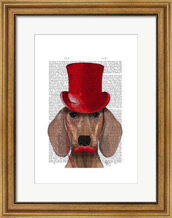 Framed Dachshund With Red Top Hat and Moustache Print