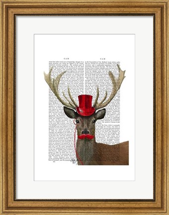 Framed Deer with Red Top Hat and Moustache Print