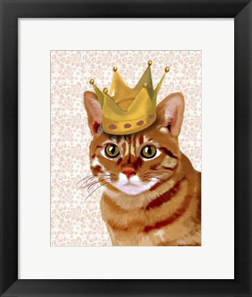 Framed Ginger Cat with Crown Portrait Print