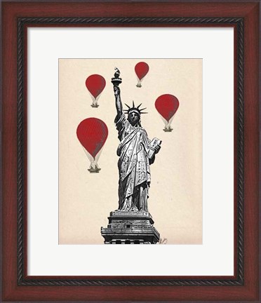 Framed Statue Of Liberty and Red Hot Air Balloons Print