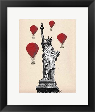 Framed Statue Of Liberty and Red Hot Air Balloons Print